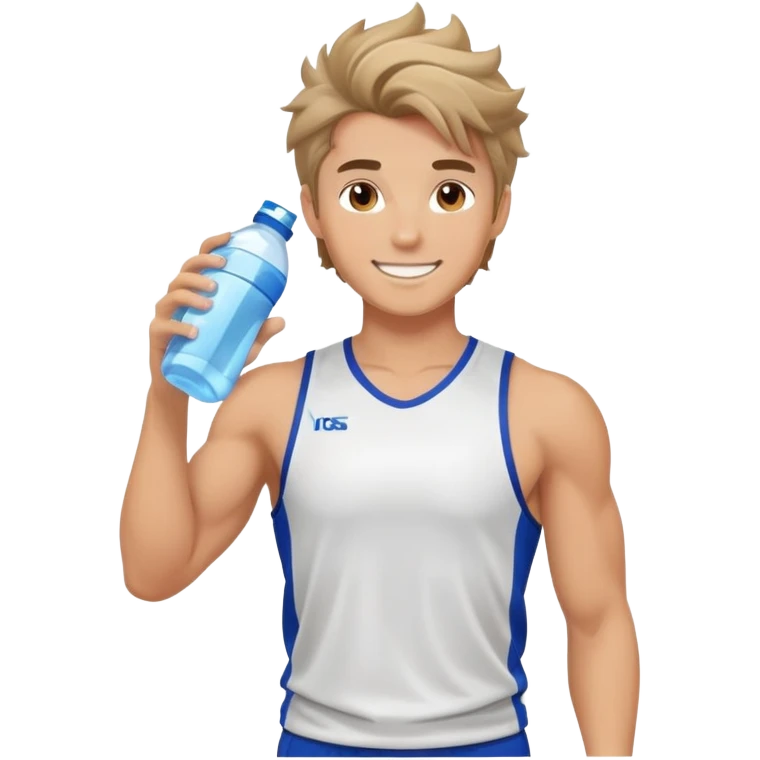 Pretty athletic boyfriend with tousled hair, wearing a sports jersey, holding a water bottle, glowing skin, confident smile, athletic build emoji