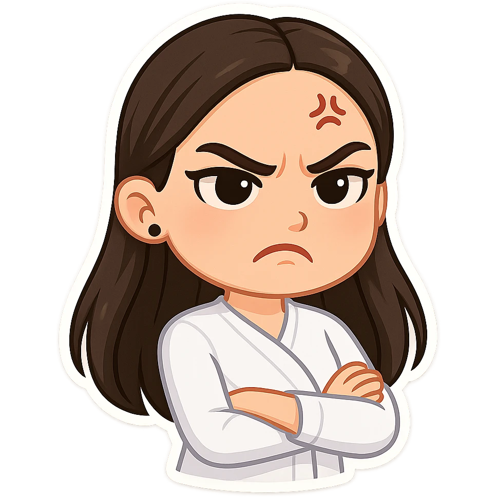 Create a chibi sticker of the girl from the reference image with an angry expression. Use 3D bitmoji style with a white outline and transparent background. emoji