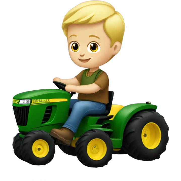 3 year old Blonde headed little boy riding a John Deere tractor emoji
