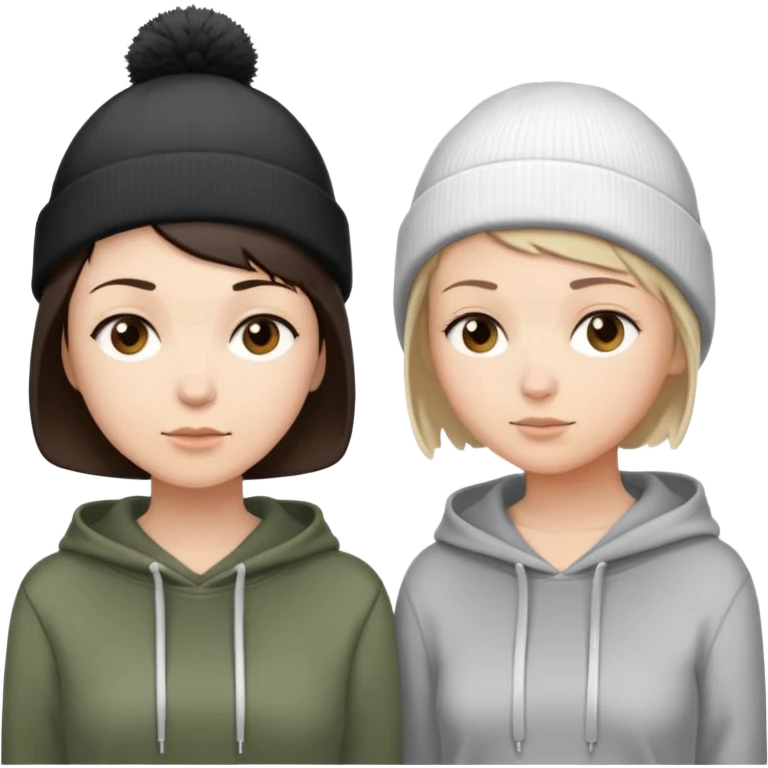 extremely short haired brunette white woman standing face to face with a very short haired brunette haired woman. Both women are wearing beanies and hoodies emoji
