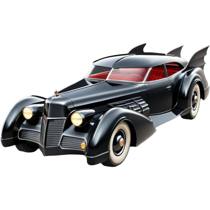  the animated series aerodynamic opulent dark futuristic concept Batmobile loosely based on 1936 V16 Cadillac wagon (flat long straight faceted mechanical body) winged stealthy street hot rod  emoji