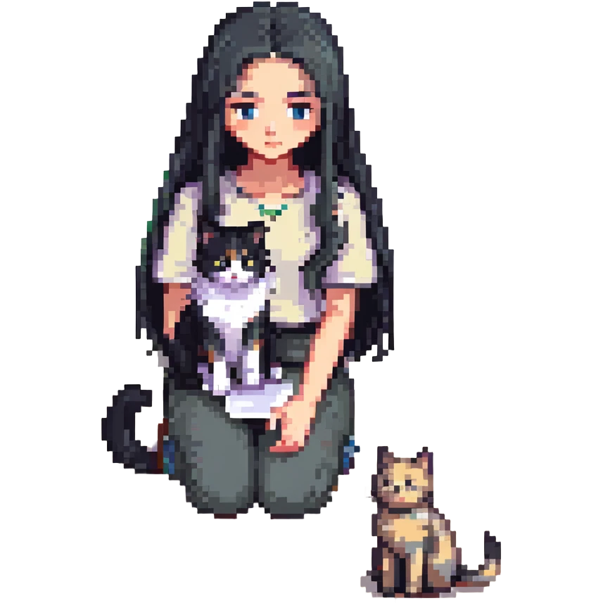 beautiful girl with long black hair sitting on floor petting a gray and blonde mixed cat, pixel art style emoji