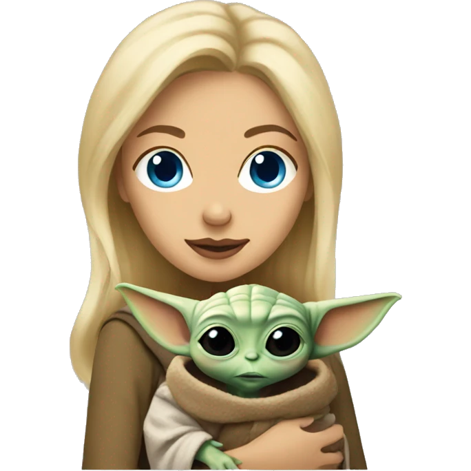 blonde woman with blue eyes holding baby yoda emoji