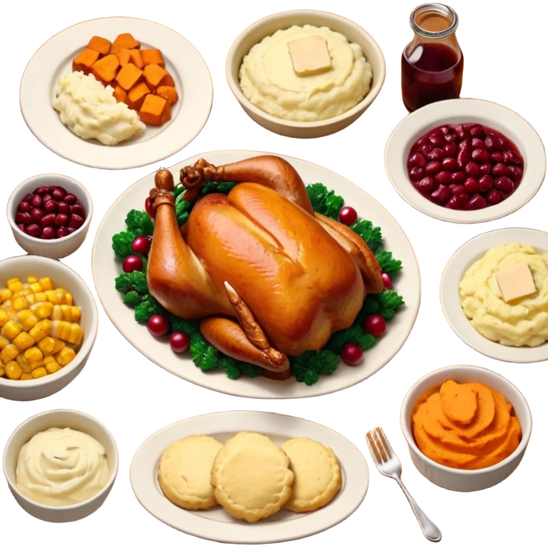 Thanksgiving Dinner with 6 friends of all different races around the table; have the food be a cooked turkey, mashed potatoes, corn, a basket of biscuits, a small bowl of cranberry sauce, baked yams, steamed vegetables, and a bottle of wine. emoji