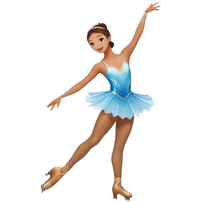 An icon featuring a graceful figure skater performing a spin on the ice. The background includes a grand ice rink palace with shining spotlights and cheering spectators in the stands. Transparent background highlights the elegance and artistry of figure skating emoji