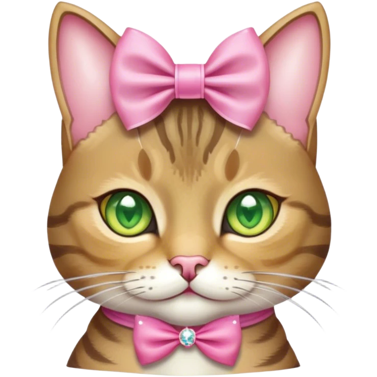 A cute Tabby cat with yellow/Green eyes with a crystal pink bow on her head emoji