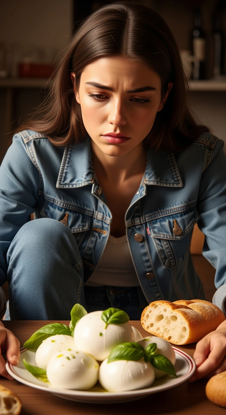 donna vestita casual con espressione triste davanti ad un piatto di cibo con mozzarella e pane, iperrealistico 4k emoji