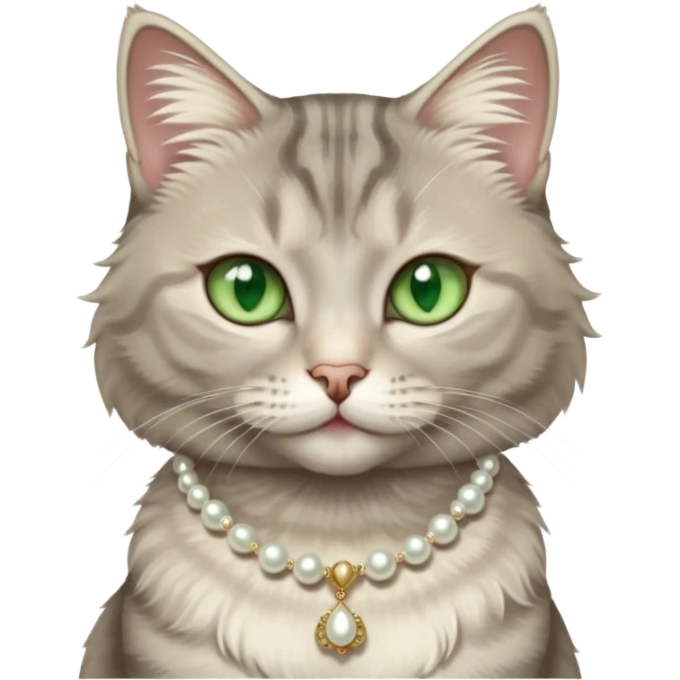 fluffy light grey tabby cat with green eyes, white tummy, and a pearl necklace  emoji