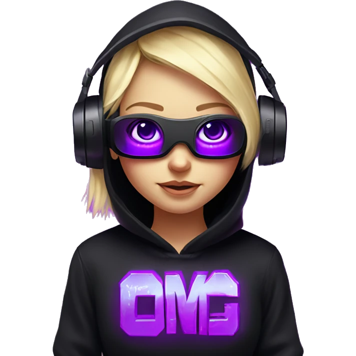 Russian cute blond girl wearing black hoody with violet letters "OMG", in vr headset. Cyberpunk style. Violet neon. emoji