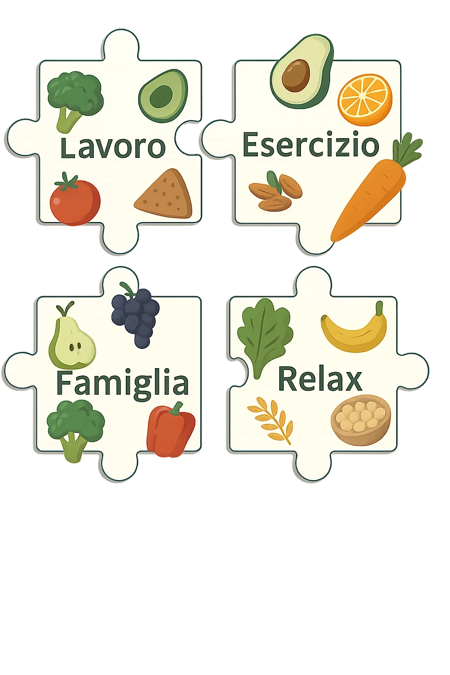 Puzzle (Lavoro, Esercizio, Famiglia, Relax), and healthy foods are integrated into each piece. in italiano emoji