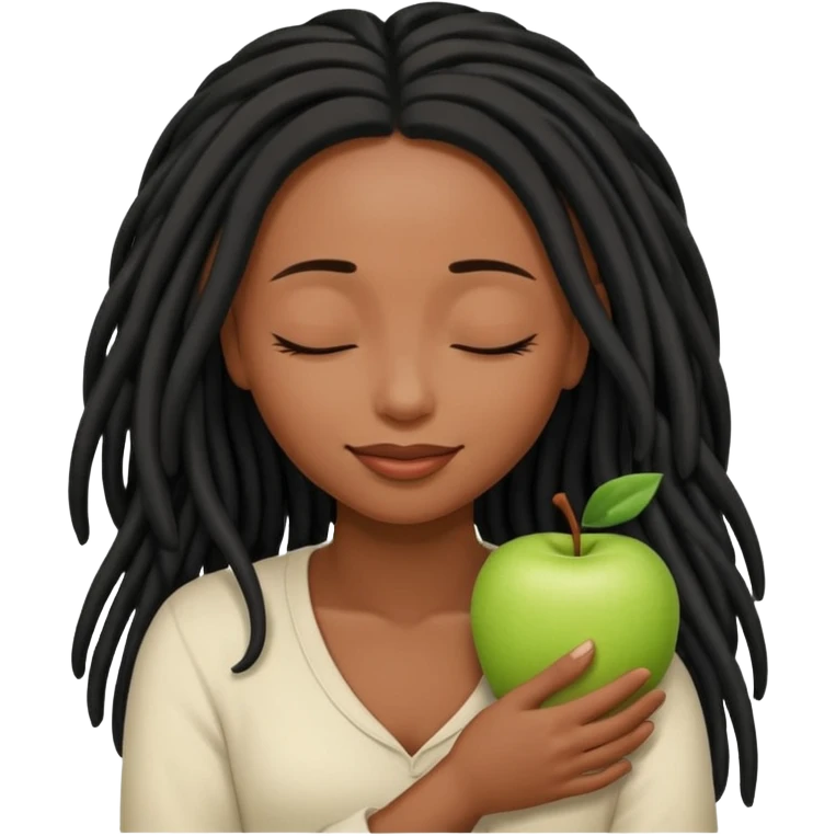 Soft feminine emoji with deep brown skin (Apple’s darkest), long black locs, eyes closed, gently cradling locs. Rounded, simple features, subtle smile. Clean, minimal Apple-style vector art, transparent background. emoji