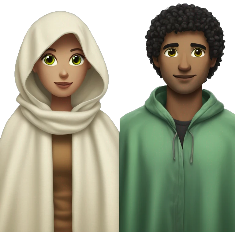 A women with pale skin and dark curly hair and a man with light dark skin, green eyes and black short hair cover in a blanket emoji