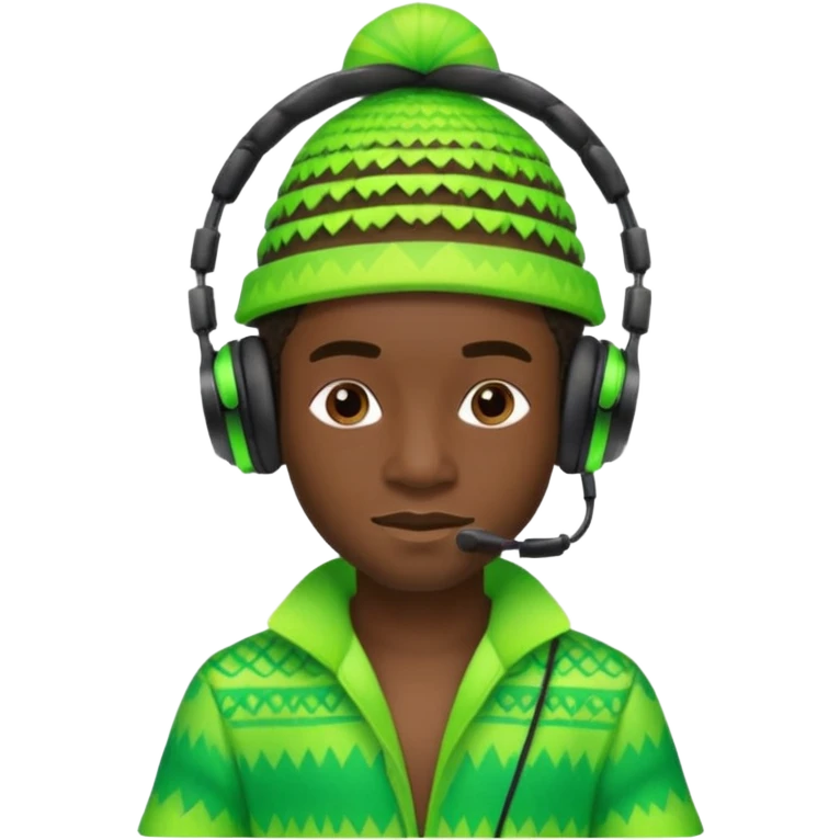 Create me an emoji of a cool Young Nigerian prince wearing a neon green gradient African patterns with  a hula hat (a Nigerian-inspired hat) and wearing cool headphones. emoji