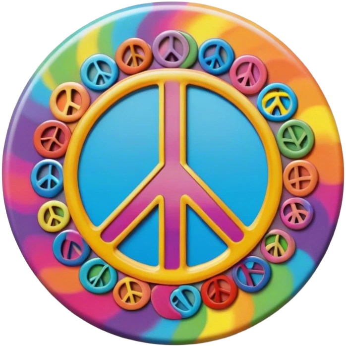 A round psychedelic colored button with the word “peace” in the center emoji