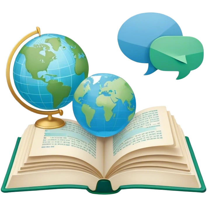 Create an emoji representing language translation. The design should feature an open book or a document with text in multiple languages (e.g., English, Spanish, Chinese), and a translation icon (such as an arrow between two languages) to symbolize the process of converting text. Include elements like a globe or a speech bubble to represent global communication. Use clear, simple lines and a color palette with blues, greens, and subtle neutral tones to convey the idea of clarity and understanding. Make the background transparent. emoji