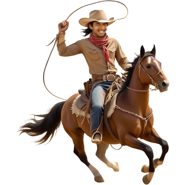 clash-of-clans-aesthetic_-cinematic-playful-cowboy-portrait-emoji, head-tilted with a roguish, cheeky grin and twinkling eyes, featuring a wide-brimmed cowboy hat and a weathered bandana on tan skin, riding a powerful galloping horse with dynamic flowing mane, reins gripped firmly in one hand and a lasso in the other, as dust swirls behind them in a vast desert landscape. emoji