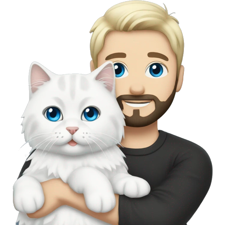 A guy with a black earing and black short hair and black beard and holding a all white Siberian cat with blue eyes  emoji