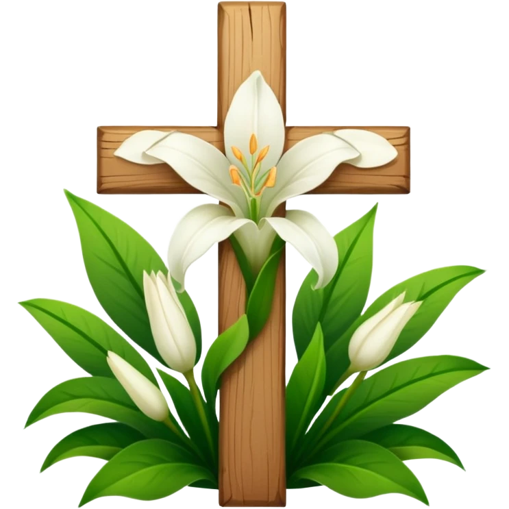 A wooden cross with white lilies around the bottom. emoji