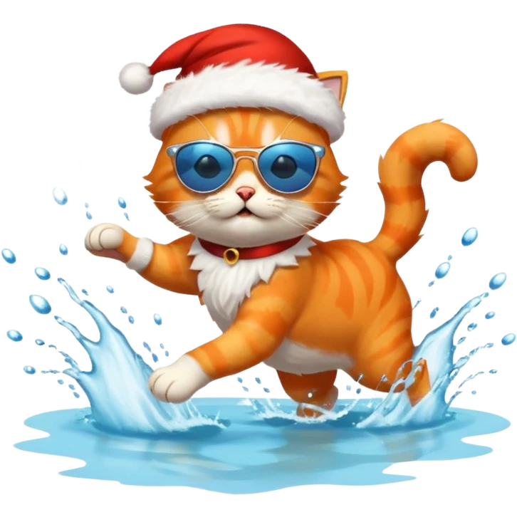 Cat with sunglasses and Santa claus running in the lake  emoji
