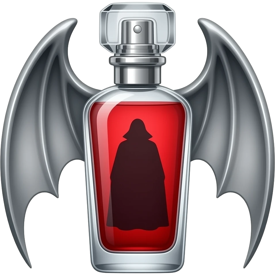 Духи в вампирском стиле с крыльями серебренными детальными обрамляют флакон и красной жидкостью, а на крышке есть элементы двух клыков. Флакон длинный. Высокий. Верх широкий а к низу флакон уже и будто бы в стеклянном флаконе виднеется силуэт сделанный из стекла плаща emoji
