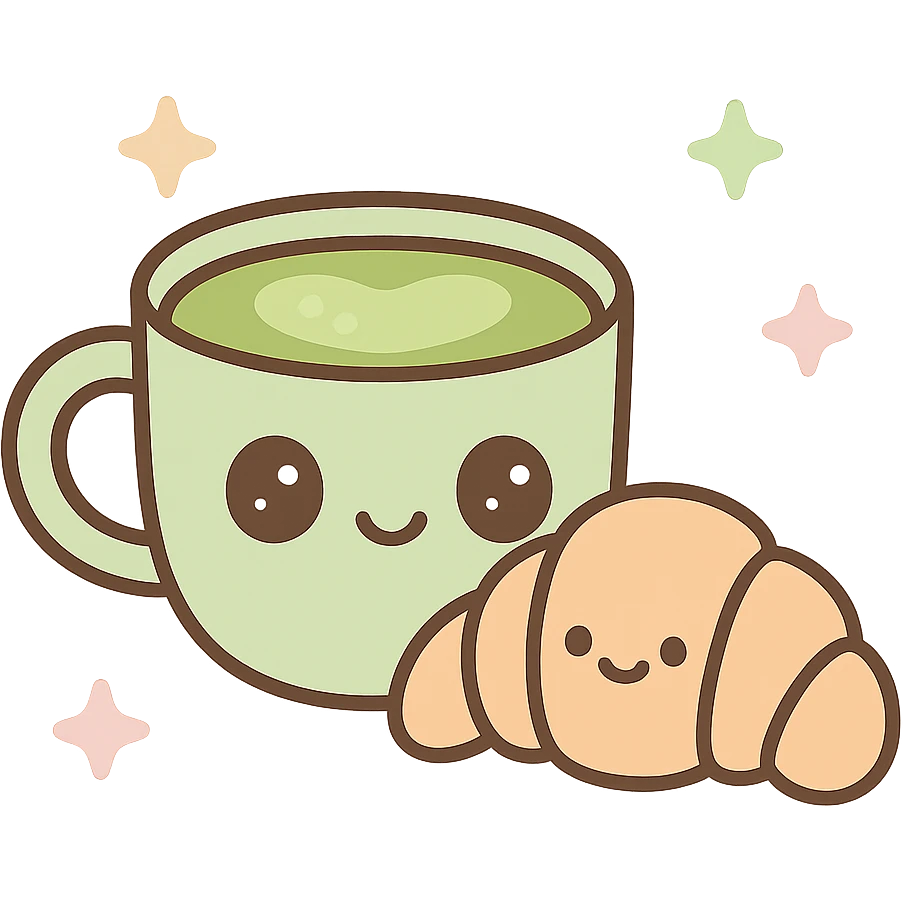 Make the matcha latte with croissant more detailed, add cute details and soft shading, keep the kawaii style. emoji