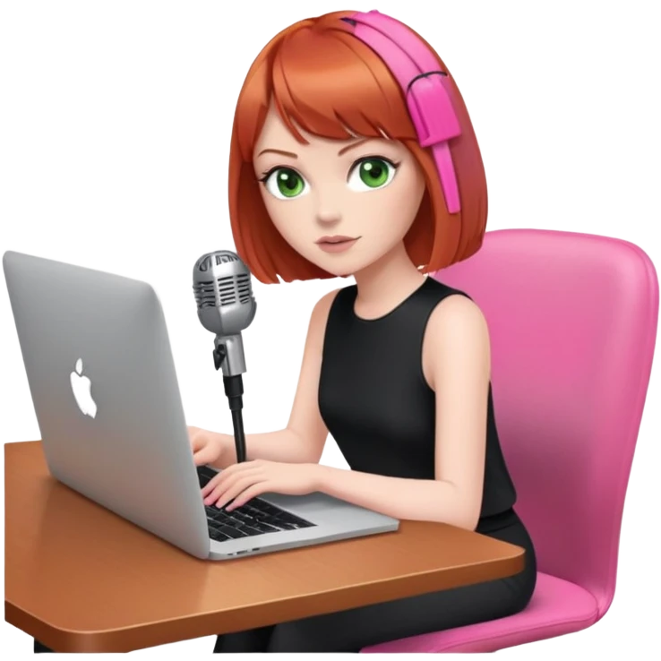 Cool Redhead Bob with fringe with green eyes sat at desk with pink MacBook and  podcast microphone black top and pink chair  emoji