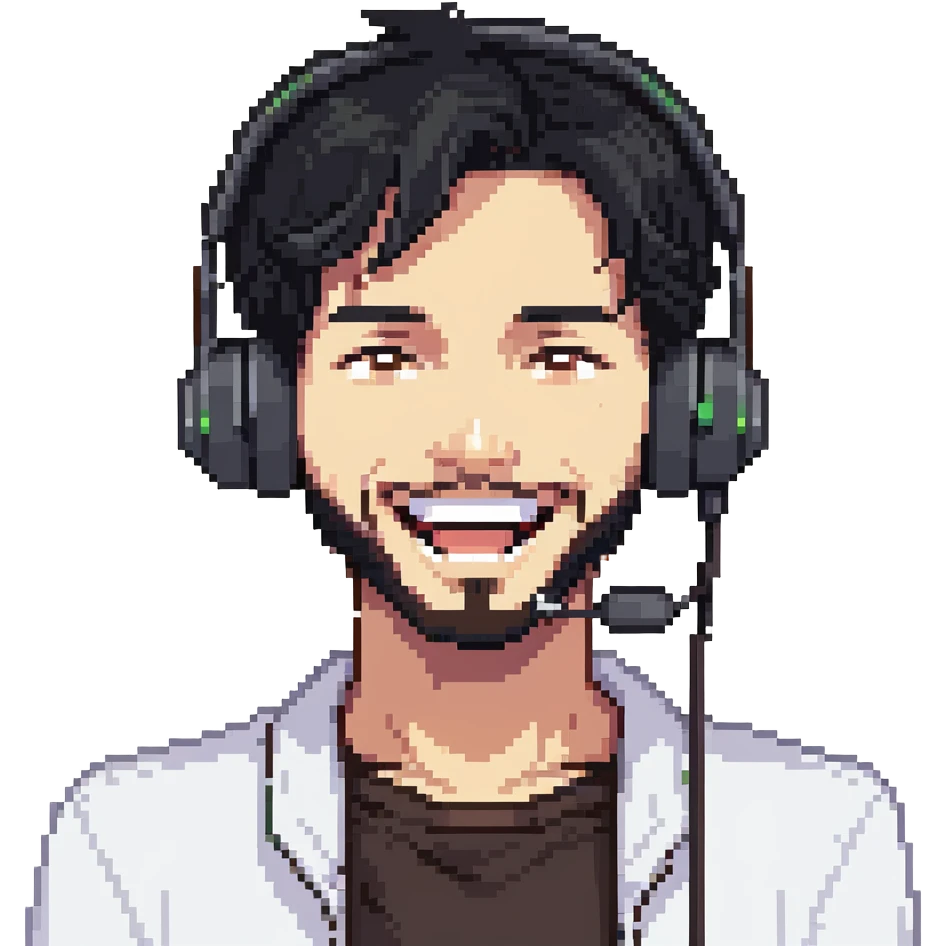 anime style laughing man with black hair, brown eyes, black beard wearing gaming headset emoji