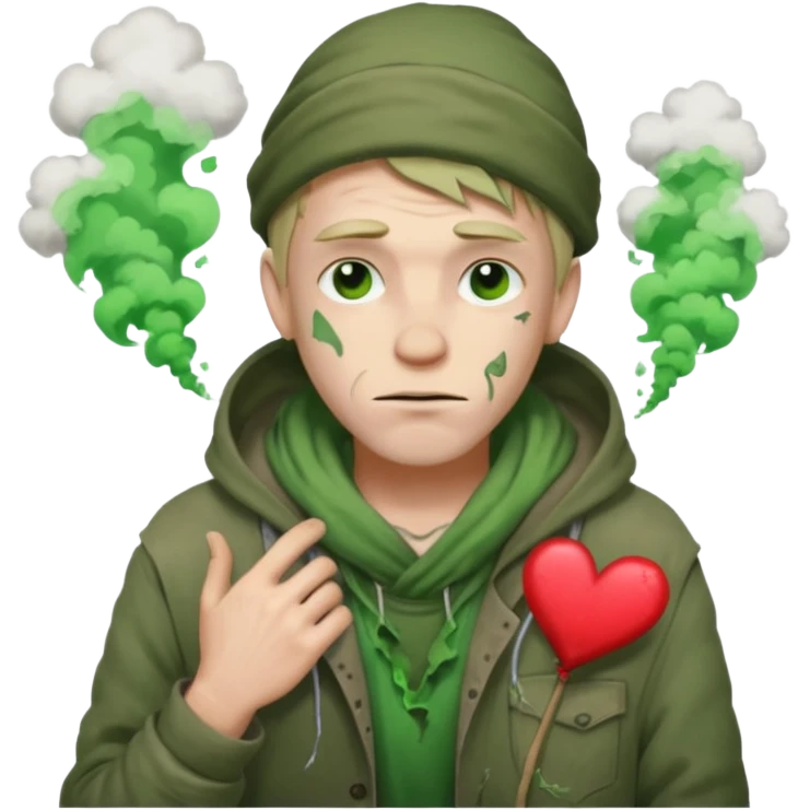 Homeless Caucasian male with green smoke around him and ripped clothes with valentines decor (no balloons) emoji