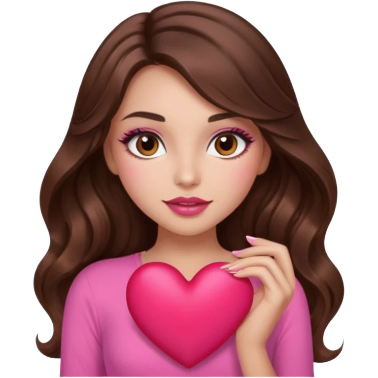 girl with long wavy brown hair, brown eyes, long lashes makeup, sexy pink lips, light to medium complexion, wearing a pink sexy top, holding a big heart emoji