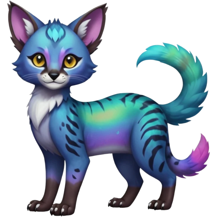 Colorful dark tropical iridescent nebulae exotic cute cool beautiful shiny beautiful fantasy-caracal-civet-genet-sergal-vernid-Gryphon-Cacomistle-Trico-oncilla-animal-Fakémon-hybrid-fursona (full body) emoji