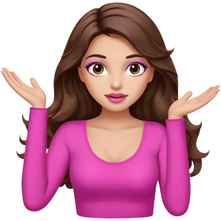 girl with long wavy brown hair, brown eyes, long lashes makeup, sexy pink lips, light to medium complexion, pink sexy top, two hand up shrugging emoji