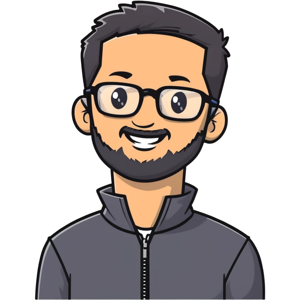 Light-skinned man with short black hair styled upwards, full short graying beard, smiling, wearing large black-framed glasses and a black long-sleeve sports shirt with zip at the neck emoji