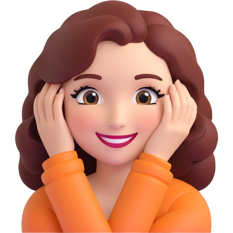 3D emoji of a smiling, feminine face with big eyelashes, no body, colorful and friendly, romantic style, with feminine accessories, motif: hug, transparent background emoji