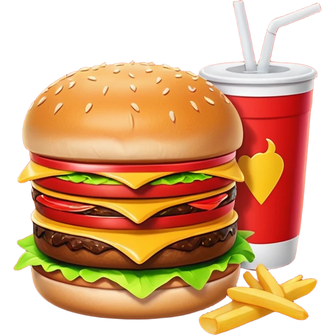 A clean and simple icon of fast food in emoji-style illustration. A burger with fries and a soda cup, bright and bold colors, simple shapes, flat design, high contrast, inviting and appetizing. emoji