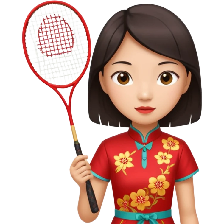 ancient cheongsam girl with 1 badminton racket, red emoji