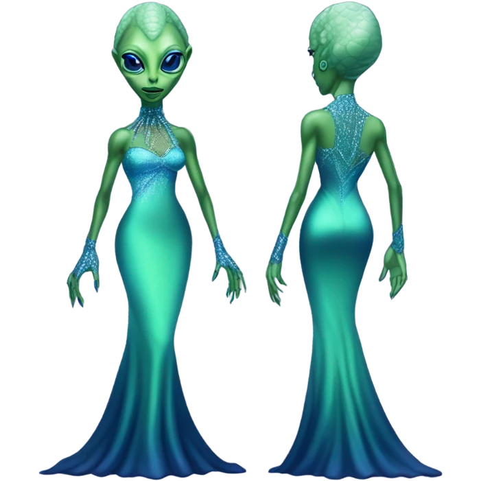 reptilian green alien woman, in long slim pastel blue formal party satin dress with gradient shiny sparkling navy blue diamonds embroidered, full body full figure emoji