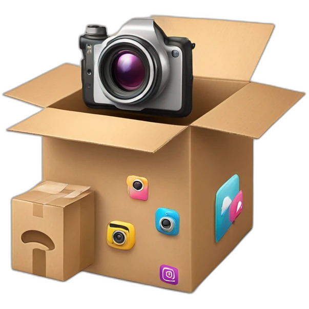 Video Camera, Instagram YouTube icons fly out from the Cardboard box emoji