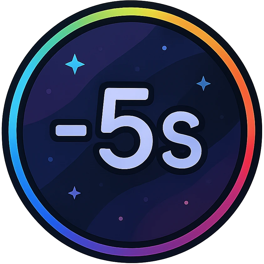 -5 sec icon with dark purples, blues, black base, neon glowing border, sophisticated nebula gradients, subtle small stars, clean lines, minimalistic, luminous effect, accent colors cyan, pink, yellow, green, orange, professional look, consistent with media controls set emoji