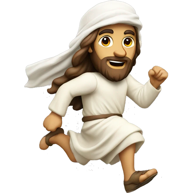 Jesus sprinting, with a large stride and winter hat emoji