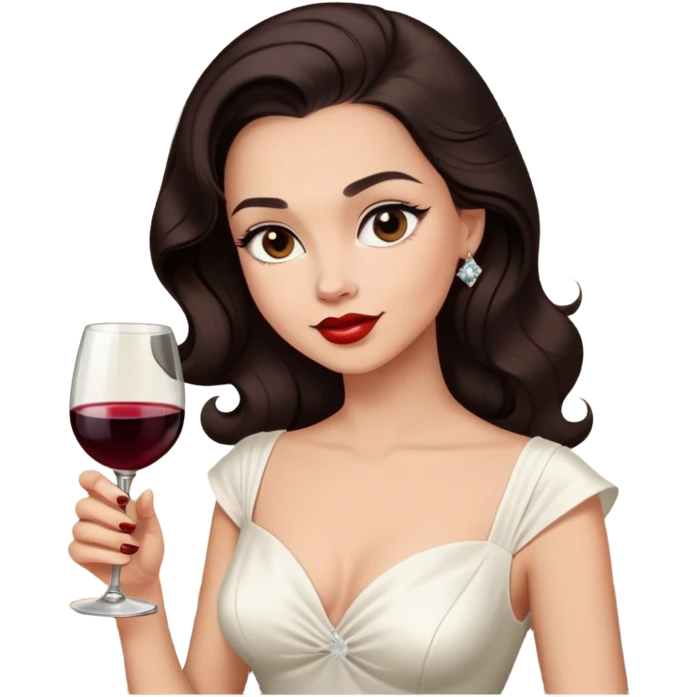 Beautiful woman in 1950’s woman fashion look, white dress, long hair, wine, dark brown hair emoji
