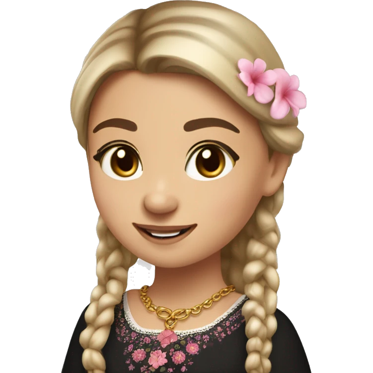 Slavic girl, light skin, brown eyes, black-to-blonde ombre straight tail, smiling with teeth, wearing beautiful dark blouse with a folk pattern of small pink flowers and gold necklace. emoji