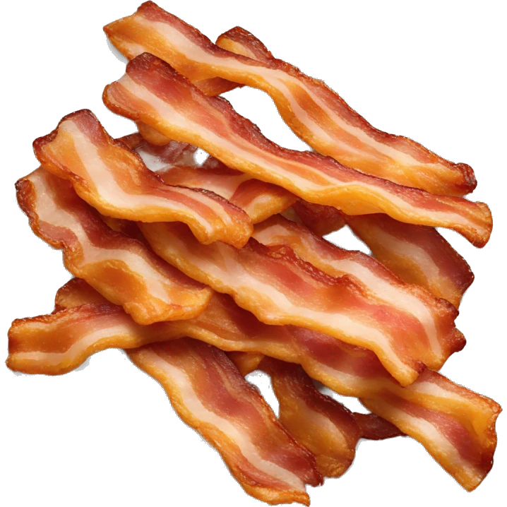 “Realistic image of crispy bacon strips, golden brown with a slight curl, served on a plate with visible texture and a shiny, cooked surface.” emoji