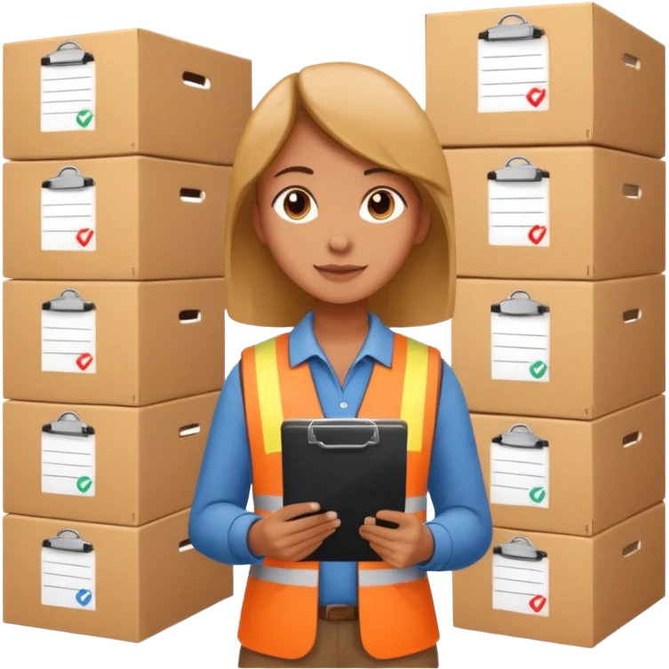 A person holding a clipboard with checklist marks next to stacked boxes, indicating stock or inventory management. emoji