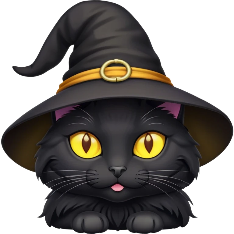 Black cat with yellow eyes and witchy hat emoji