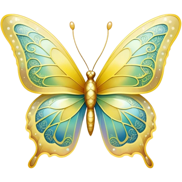 Pastel sparkly yellow glittery iridescent rainbow transparent butterfly with detailed intricate patterns emoji