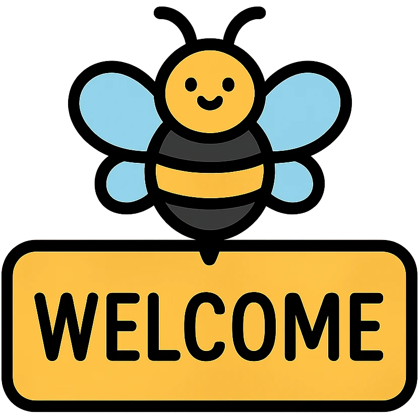 Welcome tag with a cute bee, black and yellow colors, 'WELCOME' text emoji