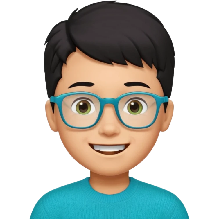 Chico de 7 años, pelo negro y repeinado pero con volumen hacia arriba, piel marrón clarito, gafas cuadradas azules, sonriente y sin 1 diente, jersey verde turquesa y ojos muy rasgados, Y NO redondeados emoji