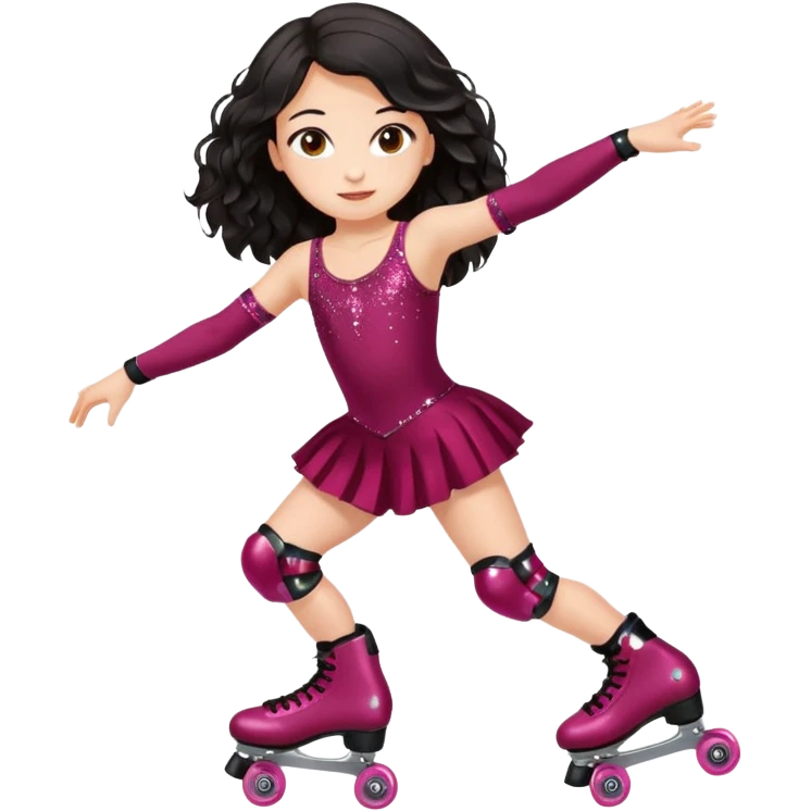 Una patinadora de 12 años y es morena de pelo y lleva un mallott granate con brillos y esta patinando con patines de ruedas en linea y su piel es clara y el pelo es largo negro ondulado e mallot tiene falda emoji