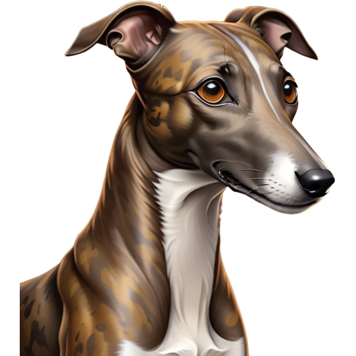 Cinematic Noble Brindle Greyhound Portrait Emoji, Poised and regal, with a slender, aerodynamic build and a refined brindle Fur, deep-set soulful eyes, Simplified yet sharp and sophisticated features, highly detailed, glowing with a soft, dignified glow, high shine, intelligent and agile, stylized with an air of elegance, focused and attentive, soft glowing outline, capturing the essence of a watchful and graceful racer, so majestic it feels as though it could dash out of the screen with effortless authority! emoji