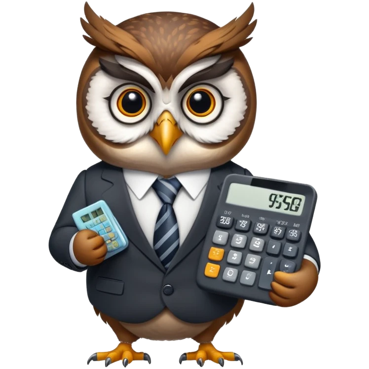 Twilio owl wearing finance outfit with business suit and tie, holding calculator emoji